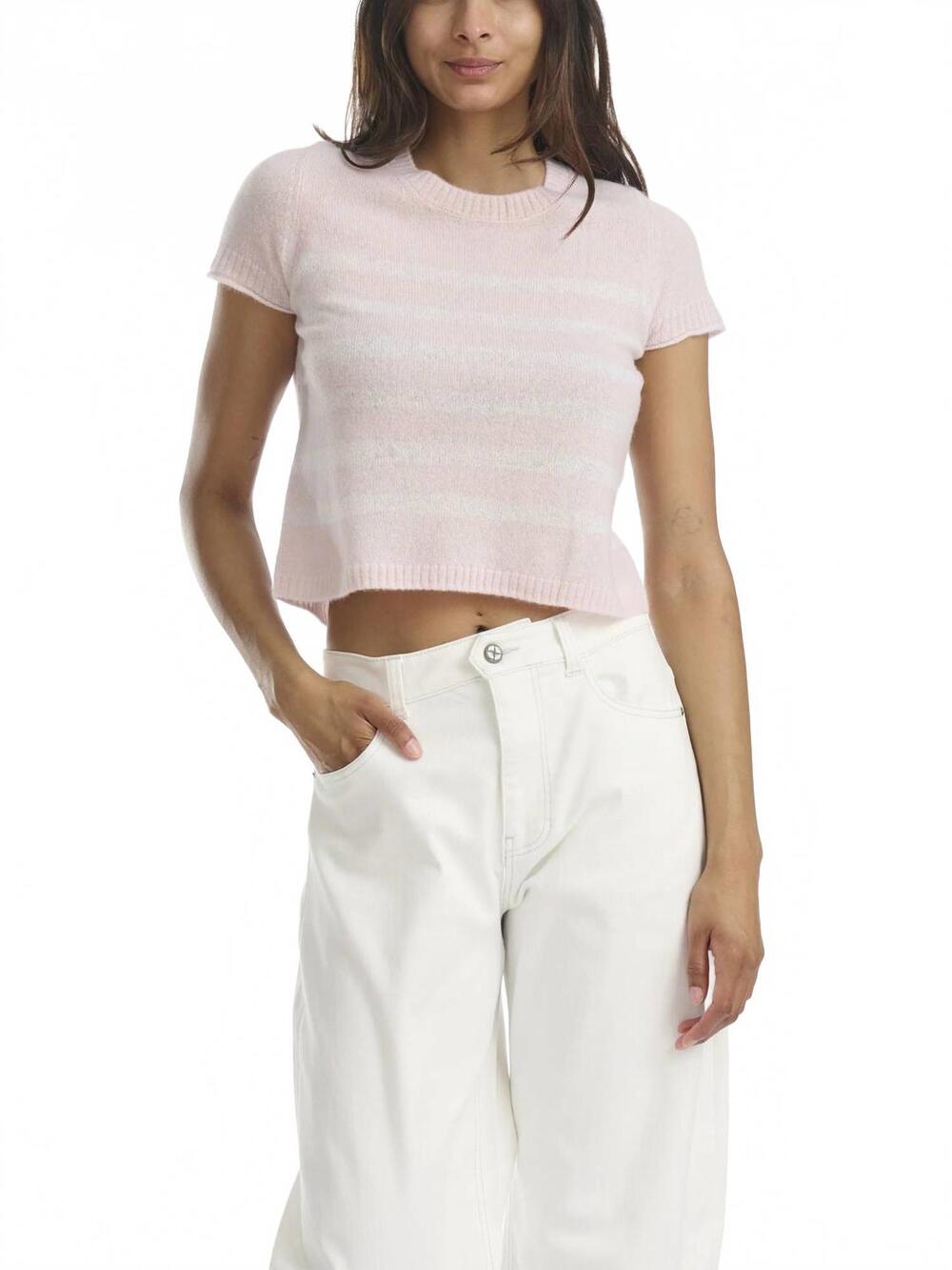 NEW SPLENDID emerson stripe short sleeve sweater in rose petal / shell